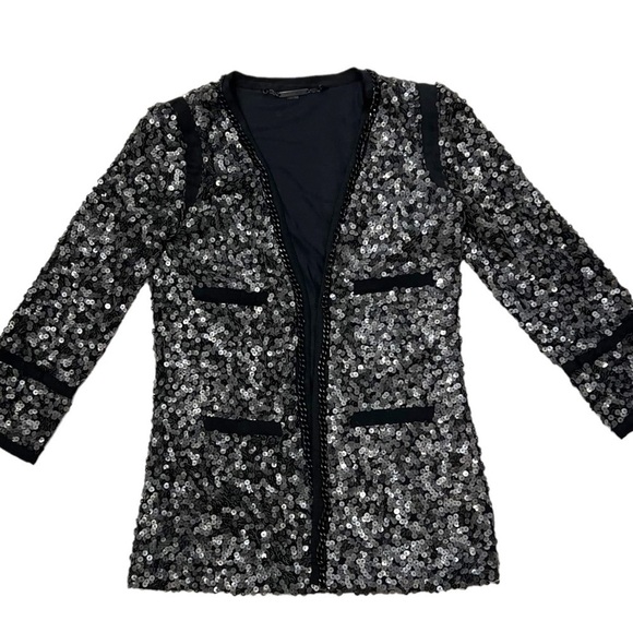 Rachel Zoe Open Front Sequin Jacket Chain Trim Pockets Size P - Picture 3 of 13